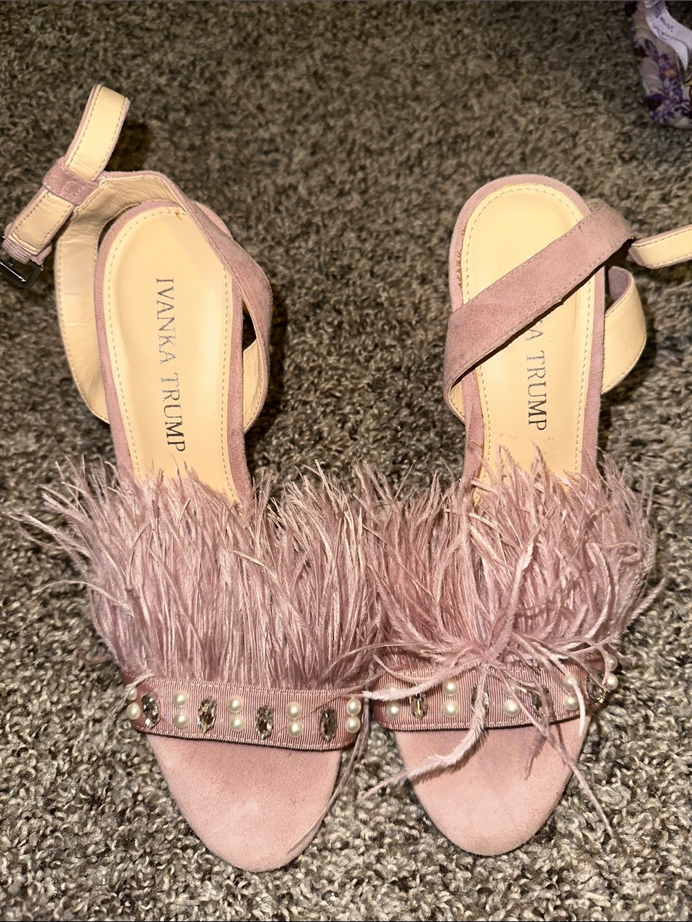 Ivanka Trump Blush Feather & Pearl Accent Suede Heels
